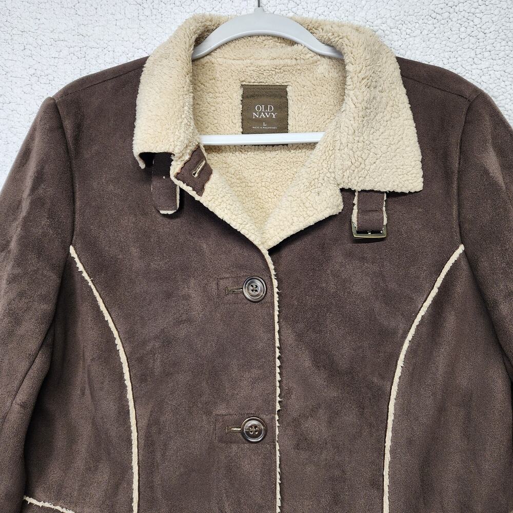 Vintage Old Navy Womens Faux Suede Jacket Size L Brown Sherpa Lined Buckle Y2K - Picture 3 of 14